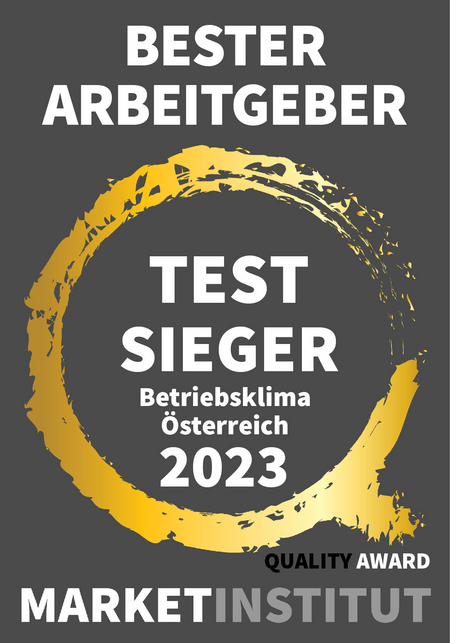 Plakette der Auszeichnung zum Testsieger des besten Arbeitgebers 2023 in puncto Betriebsklima