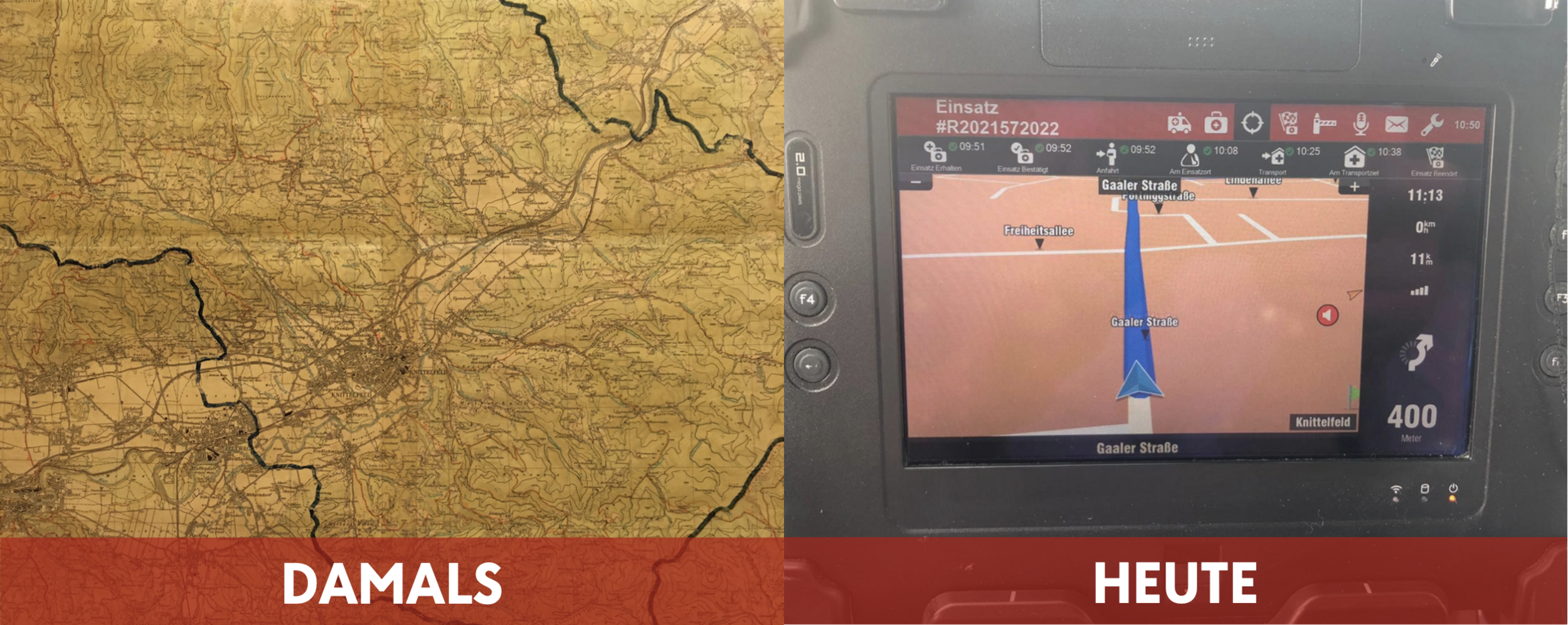 Zu sehen sind eine vergilbte Karte des Bezirkes Knittelfeld und ein modernes Datenterminal mit GPS-Navigation daneben.