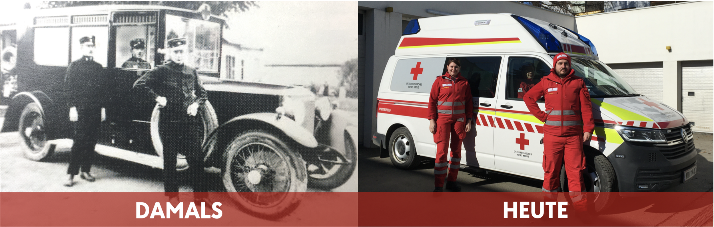 Foto eines Rettungswagens von 1924 und eines von 2021. Zu sehen sind zwei Sanitäter (1924) bzw. eine Sanitäterin und ein Sanitäter (2021), die neben einem Rettungswagen stehen während ein dritter am Beifahrersitz sitzt.