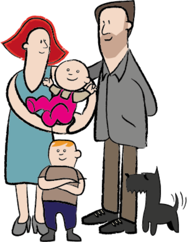 zu sehen ist eine Illustration von einer Familie mit Baby am Arm und Kleinkind auf der Seite. Ein Hund ist auch zu sehen