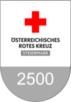 Auszeichnung für mehr als 2500 ehrenamtlich geleistete Stunden im Roten Kreuz: Rotkreuz-Logo mit dem Schriftzug "Österreichisches Rotes Kreuz - Steiermark" und der Zahl 2500 auf silbernem Grund.