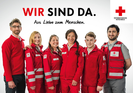 © Österreichisches Rotes Kreuz (ÖRK)  Rotkreuz-Mitarbeiter:innen auf dem Sujet der Imagekampagne "Wir sind da"