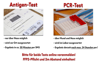 Unterschied zwischen Antigen und PCR Test. Das Ergebnis des Antigen-Test liegt nach ca einer halben Stunde vor, der des PCR-Tests nach maximal 24 Stunden. Bei der Anmeldung sollte die korrekte Variante gewählt werden.