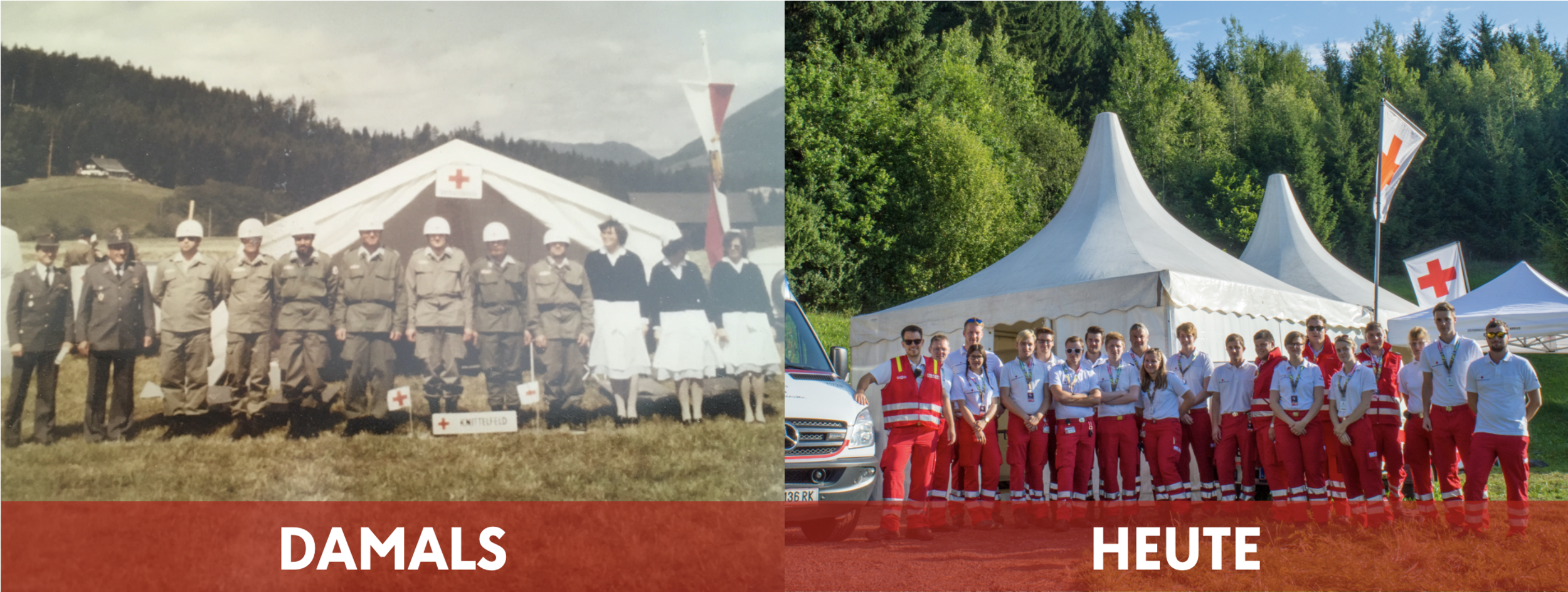 Zu sehen sind eine Aufnahme von einer Übung aus den 1960ern und von einem Ambulanzdienst im Jahre 2019. Dabei stehen jeweils Mannschaften vor einem Zelt für die Versorgung von vielen Verletzten/Betroffenen.