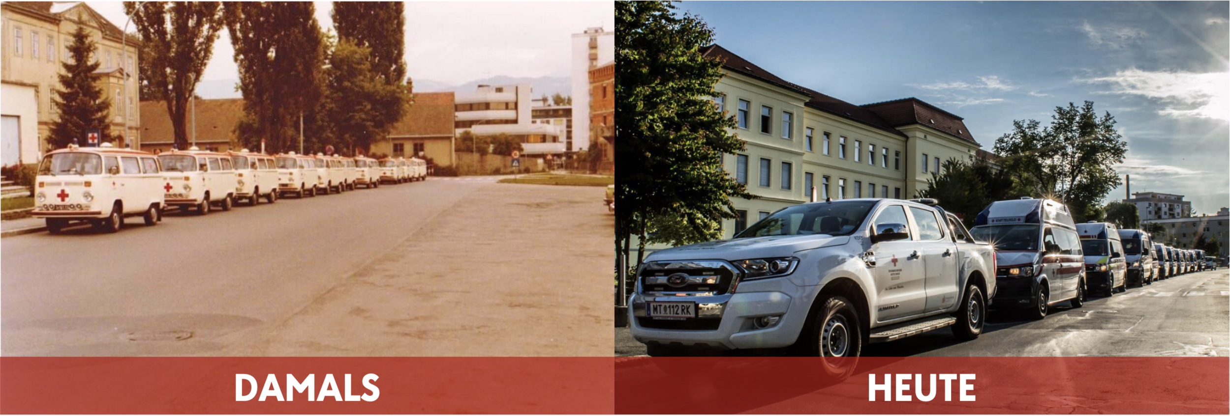 Zu sehen sindein Konvoi an Rettungswagen in den 1960ern und einer aus dem Jahr 2019, die am Straßenrand auf die Abfahrt zu einer Übung bzw. zu einem Ambulanzdienst warten.