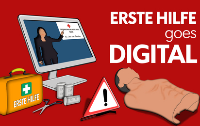 Erste Hilfe goes digital - Erste Hilfe Material schematisch vor einem PC Bildschirm