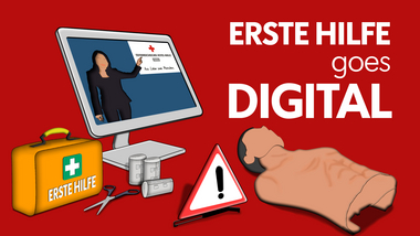 Erste Hilfe goes digital - Erste Hilfe Material schematisch vor einem PC Bildschirm