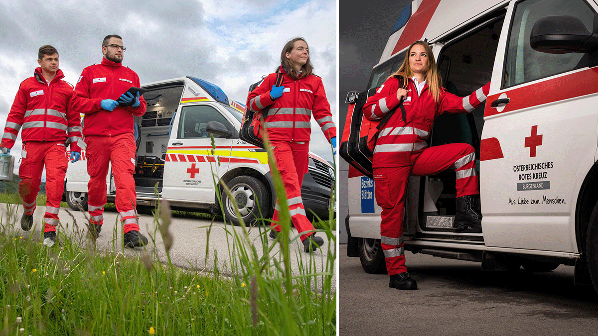 Im Bild links sind zwei junge Männer und eine junge Frau in Einsatzkleidung zu sehen, die gerade von einem Rettungsauto weggehen. Im Bild rechts steigt eine junge Frau in Einsatzkleidung in ein Rettungsauto.