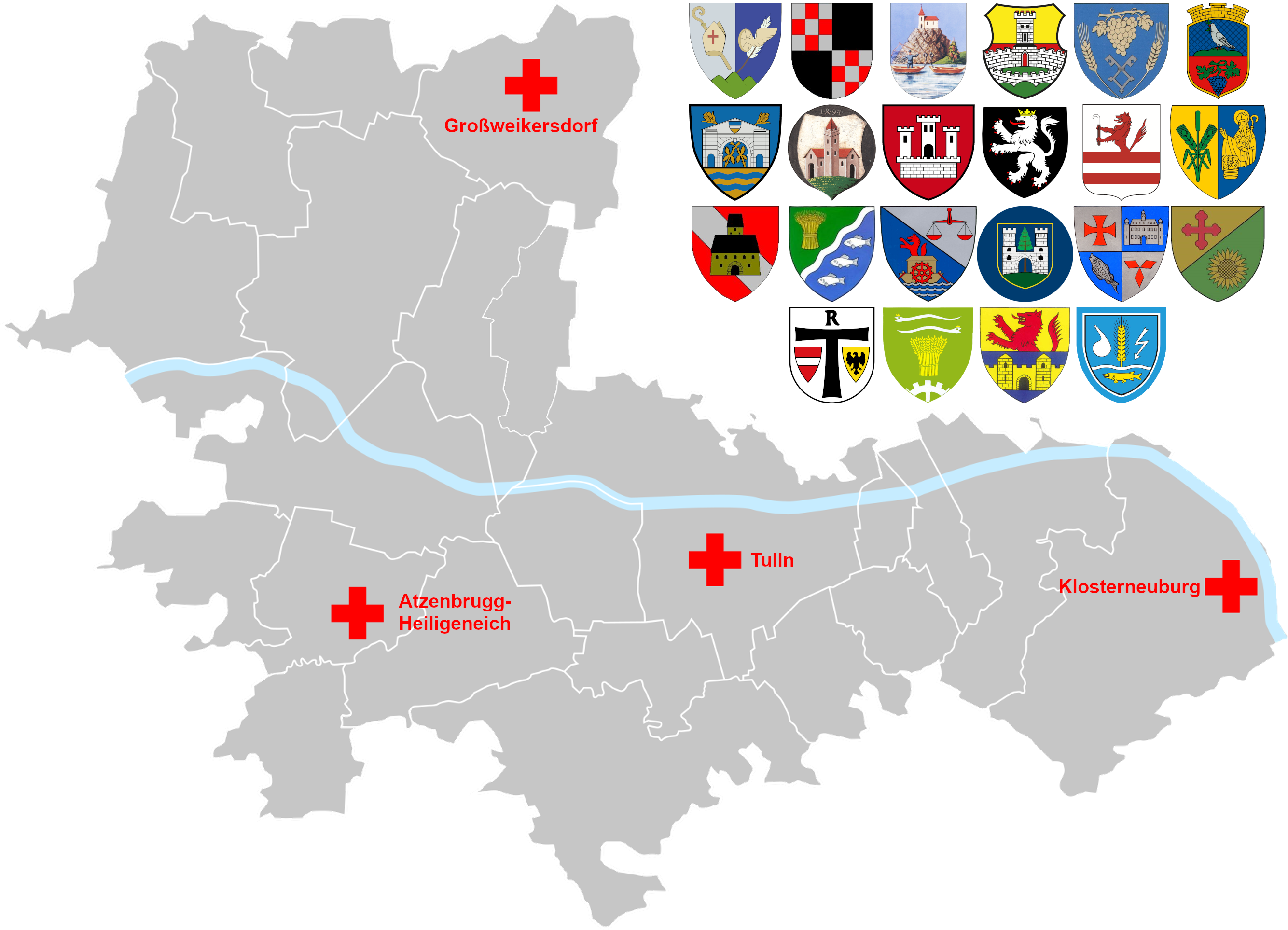 Karte mit den Rotkreuz-Bezirksstellen im Bezirk Tulln