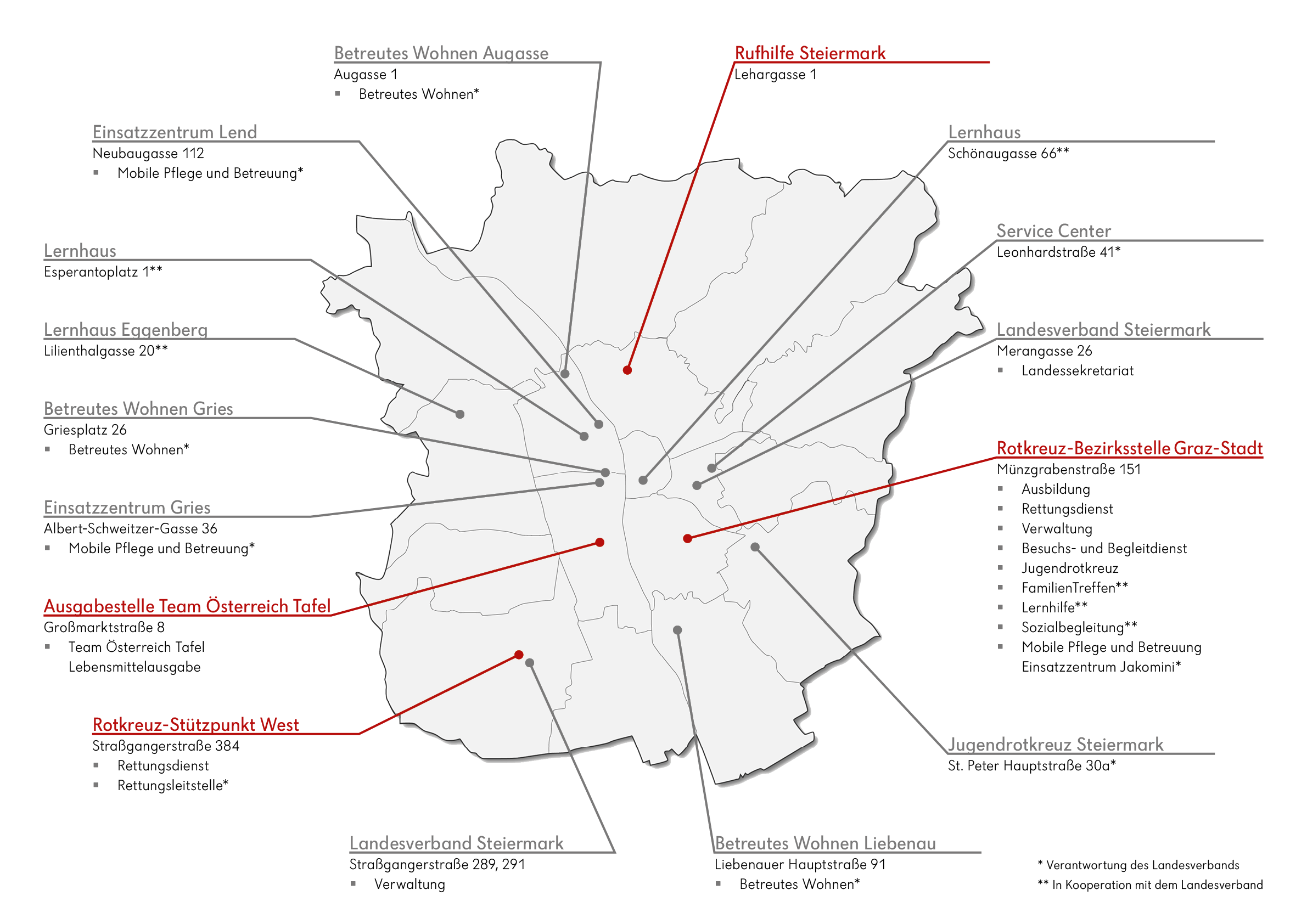 Übersichtskarte des Grazer Stadtgebiet mit den verschiedenen Standorten des Roten Kreuzes