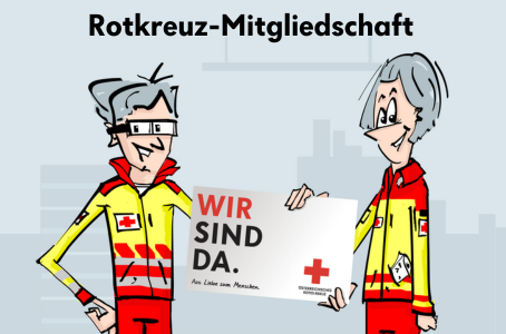 Rotkreuz-Mitgliedschaft 2025: Zwei Sanitäter:innen im Comic-Stil mit der Rotkreuz-Karte in der Hand